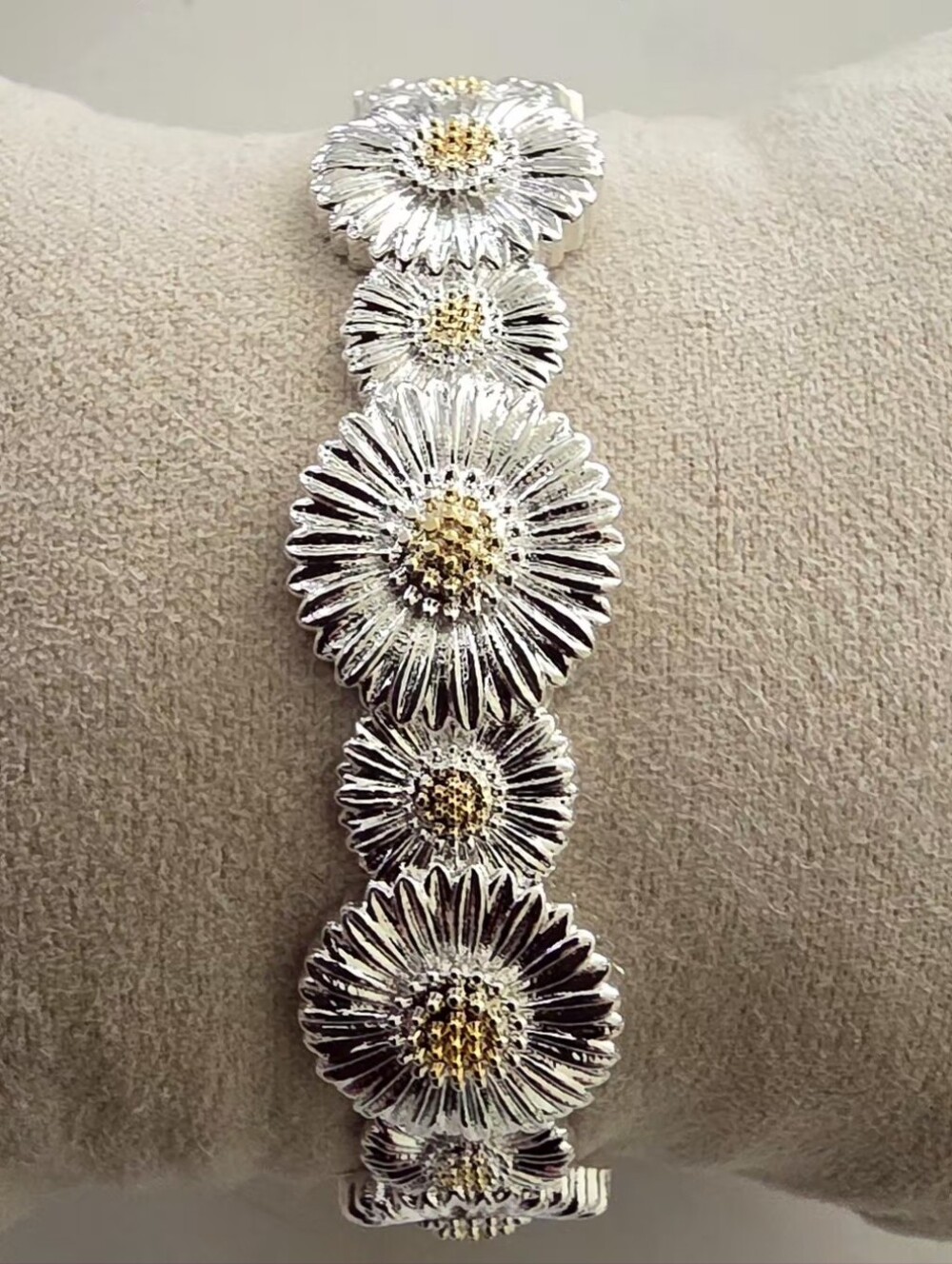 925 Sterling Silver Daisy Flower Cuff Bangle Bracelet Adjustable Two-Tone